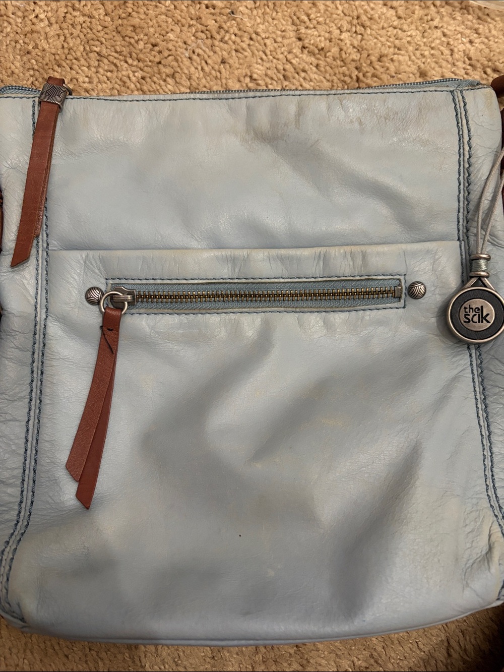 The Sak Powder Blue Leather Crossbody with Brown Accents